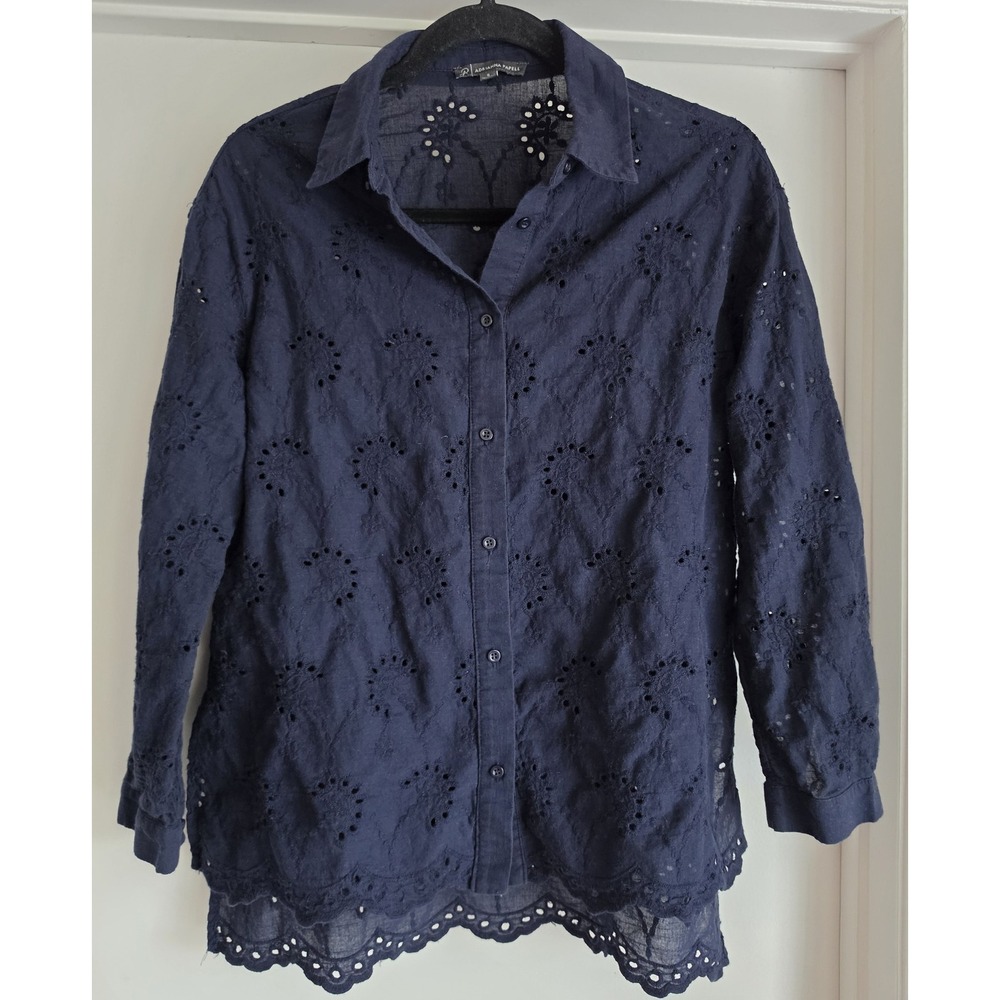 Adrianna Papell Button-Down Shirt Women S Navy Blue Cotton Eyelet Long Sleeve